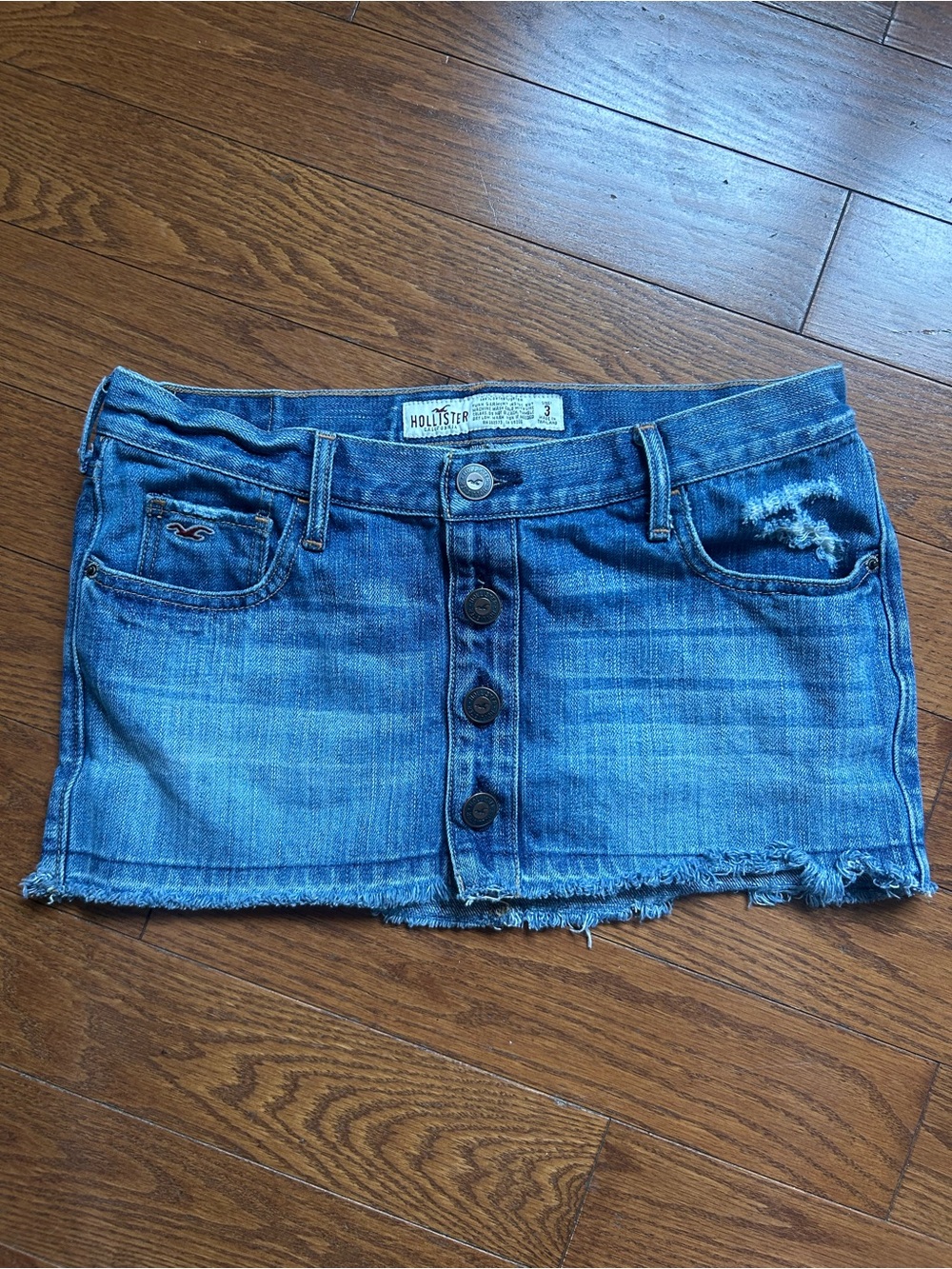 Hollister Distressed Blue Denim Mini Skirt with Button Front